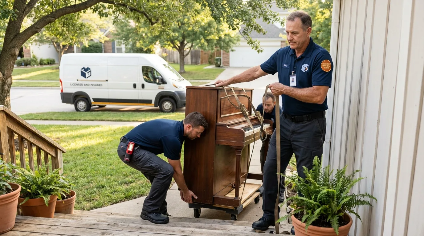 Licensed piano movers securing grand piano in Violet, LA