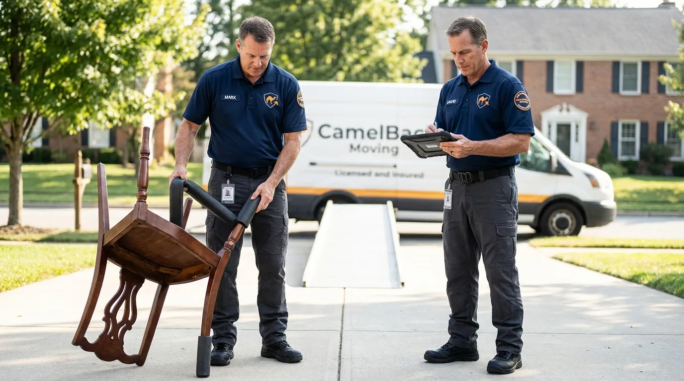 Movers inspecting furniture for damage prevention before loading in Violet, LA