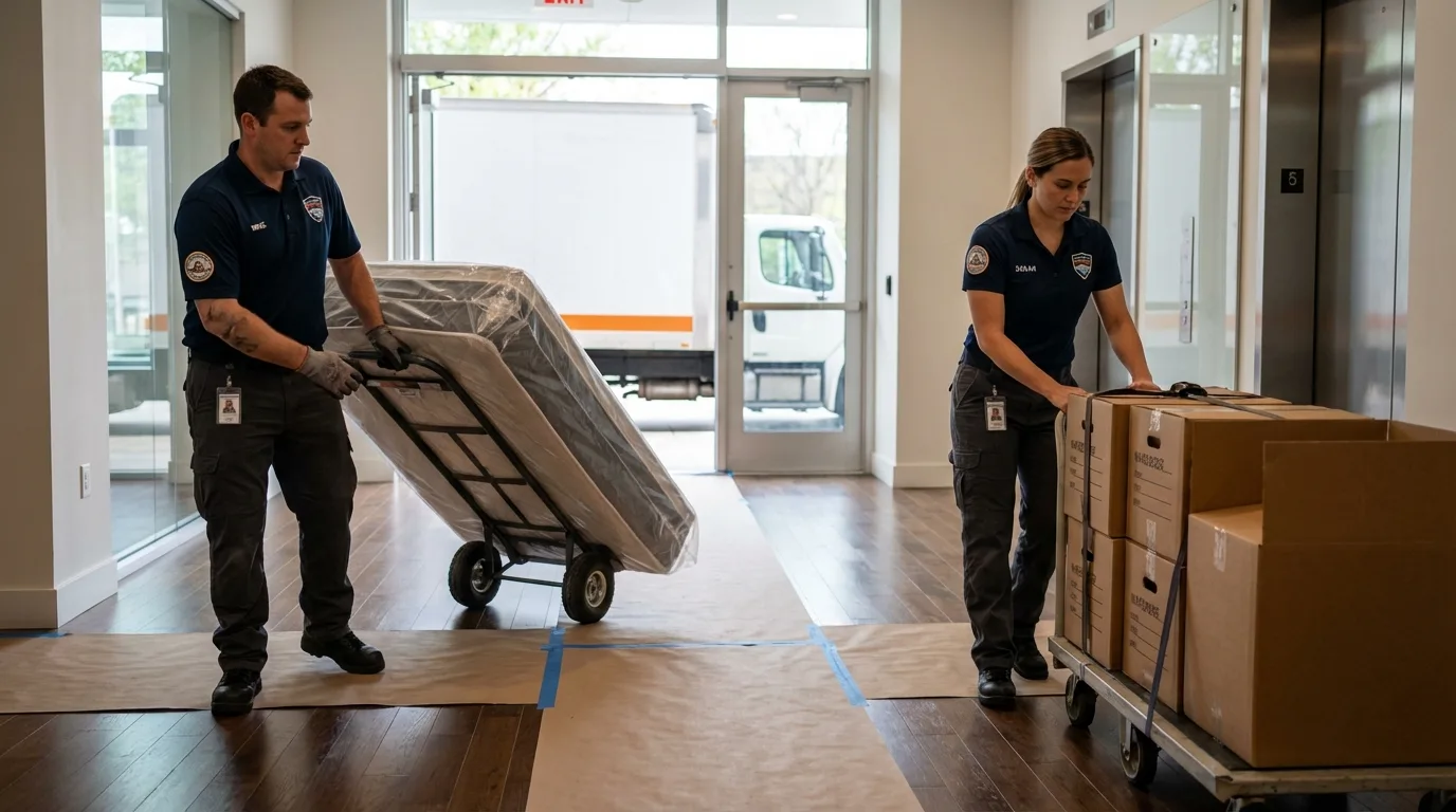 Professional apartment movers loading elevator in Violet, LA